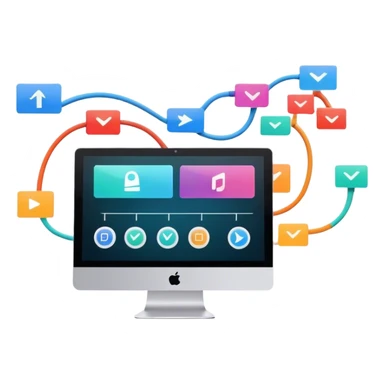 Animation and motion design. Show a computer screen with an animation timeline, moving frames, and a play button. Include motion design elements like flowing lines, curves, or rotating objects. Modern, creative colors. No emojis or smiley faces. Transparent background. sticker