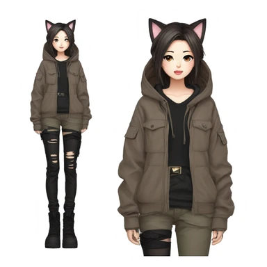 Edgy cool shy Asian urban beautiful pretty anime punk tomboy with cat ears techwear cargo pants hoodie brown hair collar  sticker