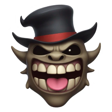 A demon with no jaw smiling, tongue dangling out, and with a neat little hat sticker