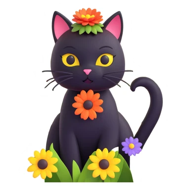a black cat with a flower on its head in a field of flowers, vibrant colors sticker