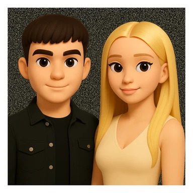 Slightly increase the volume of the upper body of the girl, spread them far apart from each other, make the skin color the same for both characters, while preserving the cartoonish 3D style as seen in the reference image. sticker