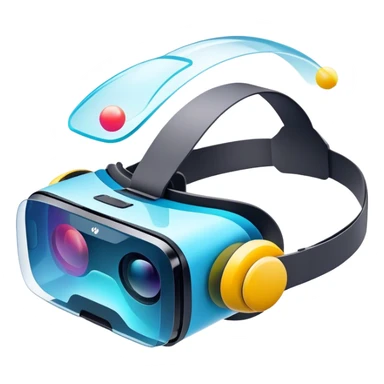 Show a VR headset or AR glasses, symbolizing the immersive experience. Include virtual objects or a 3D scene floating in the air in front of the headset. Use modern, tech-inspired colors. Do not include any emojis or smiley faces. Make the background transparent. sticker