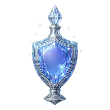 shield-shaped ultra luxurious elixir bottle, color #7986cb, multi-layered holographic and silver details, intricate crystal facets, magical radiant glowing and sparkling effects, seamless ornate bottom, very small neck, transparent background, floating clearly in air, not standing, no base or shadow, modern, extremely beautiful, matching a collection sticker