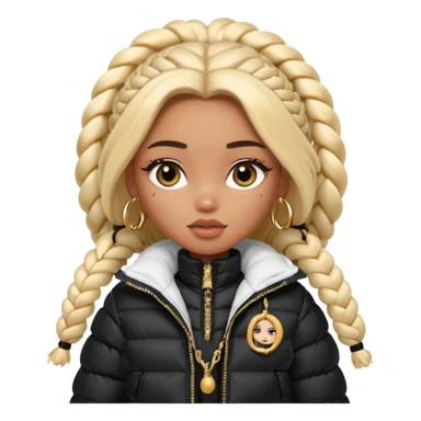 generate a pretty bratz girl with a WHITE puffer jacket, hoops, long braided hair black sticker