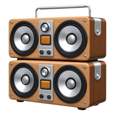 3D render of Speaker Stack, vintage 1980s audio equipment aesthetic, tactile analog buttons, silver metallic face with two large brown magnetic tape wheels, mixed wood grain and brushed aluminum textures, Apple emoji style, isolated on white background --v 6.0 sticker