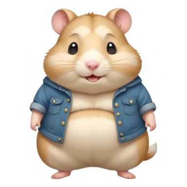 Cute chubby cartoon-style hamster wearing oversized pants that look too big, proud and smiling expression. Painterly shading, white background, sticker-style illustration sticker