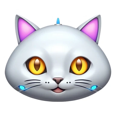 Design a simple, cute spaceship with a smooth, rounded shape. Add a 'cat-like face' on the front, with triangular shapes for ears, glowing lights for eyes, and a small curved line for a smile. Give it a playful and friendly personality. Use a plain background. sticker
