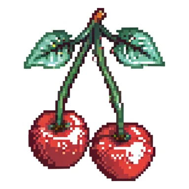 Pixel art of two shiny red cherries with green stem sticker