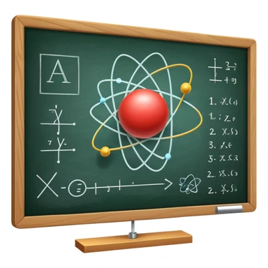 An icon featuring an atom model, a chalkboard with formulas, and a magnet with field lines, symbolizing physics. The design includes a pendulum, light waves, and circuit elements, representing the study of matter, energy, and forces. Transparent background highlights scientific sticker