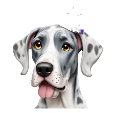 Blue Merle Great Dane wearing party hat sticker