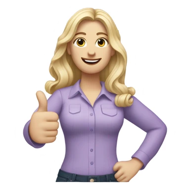 Woman, white skin, pale skin, long hair, blonde hair, wavy hair, lavender blouse, two thumbs up sticker