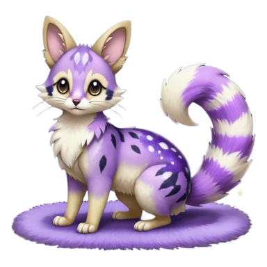 Hyper realistic  midnight-violet velvet fur soaked in starlight glitter and shadow gradients beautiful elegant pretty precious cute  Fakémon-Pokémon-opossum-feline-serval-caracal-chinchilla-Furret-Minccino-hybrid-creature with a big fluffy bushy tail (full body) sticker
