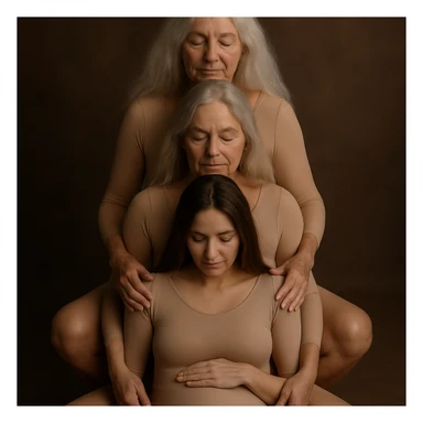Create a realistic and volumetric illustration of several generations of women sitting one behind another, similar to the reference image. All women are dressed in flesh-colored bodysuits. The drawing should have detailed shadows and highlights, with poses and composition matching the reference. The image should be tasteful and contain no nudity. sticker