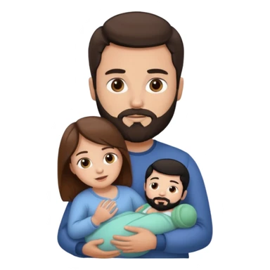 Una mujer con pelo castaño y ojos marrones  con un bebé y un hombre con pelo negro y barba sticker