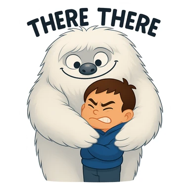 Add the words 'there there' going through the head of the Abominable Snowman as he hugs the much smaller kid, keep the background transparent. The style should resemble the original image's look and feel. sticker