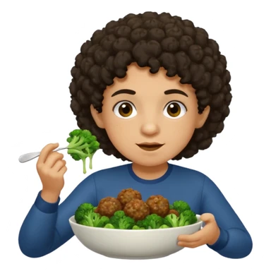 Grillo con capelli ricci scuri che mangia broccoli bolliti e polpette sticker