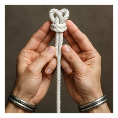 Make the hands and rope more realistic, with the white rope coming down between the hands, in a detailed style. Please note the original style is not specified, so use a general detailed style for realism. sticker