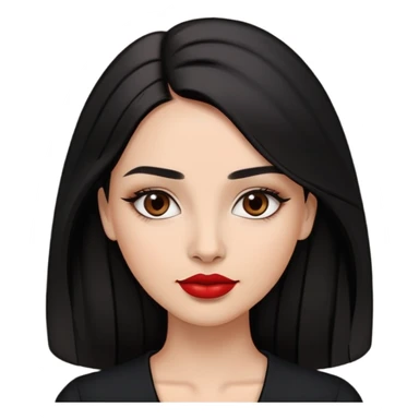 Confident young woman with oval face, elegant features, dark brown eyes, arched eyebrows, red lipstick, light brown skin, long black hair, wearing a black top sticker