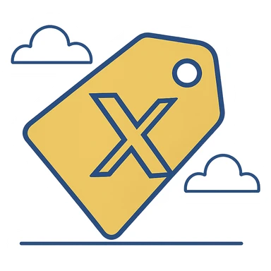 yellow tag icon, flat minimal modern style, bold X logo on the tag, inspired by X (Twitter) branding sticker