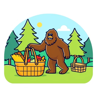 Make a sasquatch stealing from a picnic basket make it cartoony
 sticker
