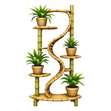 Large futuristic multi-tier multi-level curved spiral step plant rack constructed from split bamboo poles  sticker