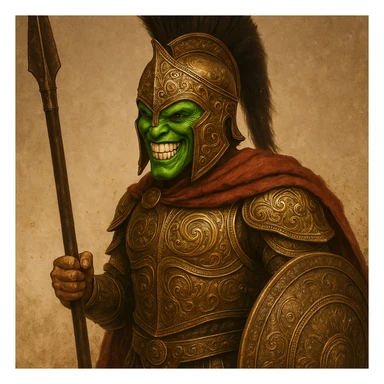 Make the Spartan helmet and armor more elaborate, adding detailed patterns, gold accents, and battle-worn textures, while keeping the Mask's character. sticker