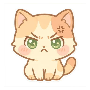 kawaii chibi-style cat emoji with pastel orange and brown cream fur, anime-style angry expression, sparkly green eyes, blushing cheeks, pastel color palette, soft rounded design, vector art sticker