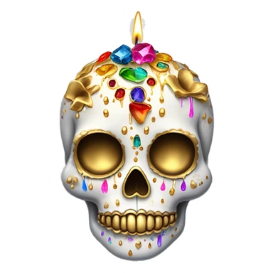 Realistic white sugar skull decorated with colorful rhinestones with a tall metallic gold candle on top of its head dripping down melted metallic gold wax down the skull sticker