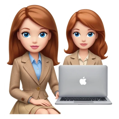 A Barbie girl with blue eyes, shoulder-length reddish-brown hair, made-up, wearing a beige tweed jacket and beige skirt, is sitting a with a MacBook sticker