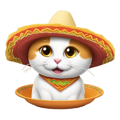 A white and orange cat eating tacos with a Mexican hat sticker