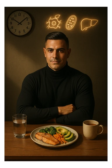 A realistic, cinematic illustration of a healthy, fit man in his early 30s with a calm, disciplined expression, sitting at a clean wooden table in the evening with a single, balanced, nutrient-dense meal in front of him (grilled salmon, colorful vegetables, avocado). The rest of the day he drinks only water and herbal tea, visible in a glass and a simple cup on the side. A wall clock in the background shows 6:00 PM, emphasizing that this is his only meal of the day (OMAD). Subtle glowing icons above him display a regenerating cell, mitochondria, and a liver symbol, representing autophagy, longevity, and health benefits of OMAD. The lighting is warm, with cinematic shadows and natural tones, creating a sense of discipline, mental clarity, and health optimization. The man looks centered and content, showing that OMAD is a conscious choice for energy and regeneration, not restrizione. The scene is realistic with slight film grain for depth sticker