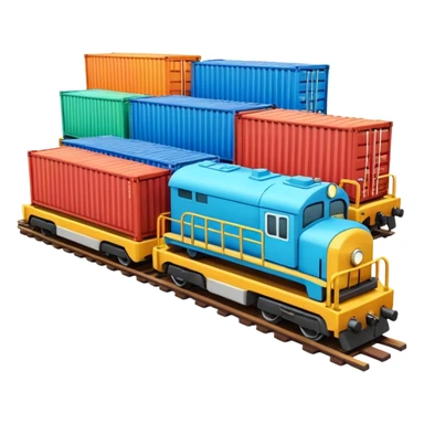 A 3D cartoon cargo train with colorful containers on flatbed cars, industrial background, Memoji-style realism. sticker
