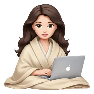Barbie girl with a long wavy dark brown hair in pale beige clothes inside a pale beige blanket working macbook  sticker