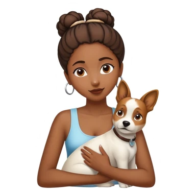 smart, 30 year old, brown African girl, back bun hairstyle, with one big white brown dog sticker