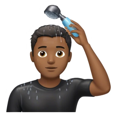 Black guy with black shirt in the shower, showing the showerhead and washing his hair with shampoo, short hair sticker