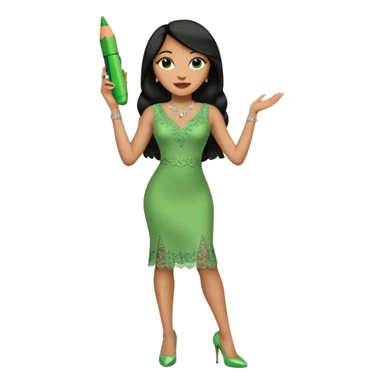 A plus-size light-skinned Black woman is wearing makeup. She has long, straight, waist-length black hair and is wearing a green sleeveless dress with rhinestones and lace and a low neckline. She is standing in green high heels and is holding a crayon in one hand, with the other hand raised. sticker