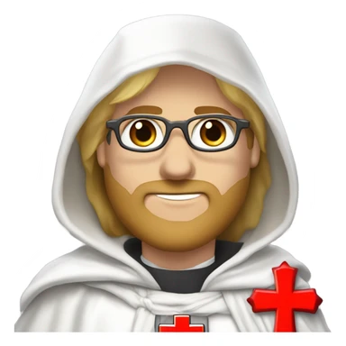 blond haired Masonic knight Templar wearing glasses and a white tunic with a Red Cross on the front and a white mantle with a hood with a Red Cross on the left side and a male face  and holding a sword. sticker