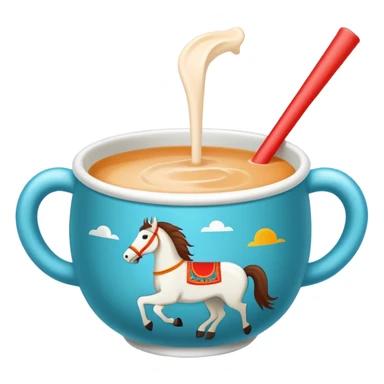 Mongolian milk tea bowl with horse-shaped handle, simplified emoji style with bold outlines and bright colors, cartoon style traditional nomadic drink sticker