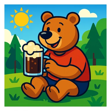 cartoon bear in a red t-shirt sitting on grass in a sunny forest clearing on a clear summer day, holding a glass mug of kvass with foam sticker