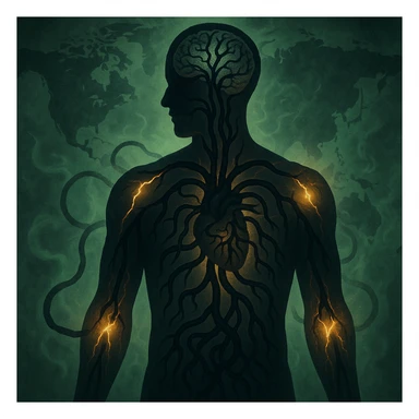 semi-realistic, medical-fantasy style; human silhouette with dark worm-like tendrils spreading from gut and heart to brain and joints, world map in background, glowing fissures and green mist, high contrast, allegorical mood sticker