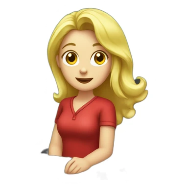 Girl, blonde hair, wearing red shirt, sitting at a black desk, wrapping chocolate candies, solid green background sticker