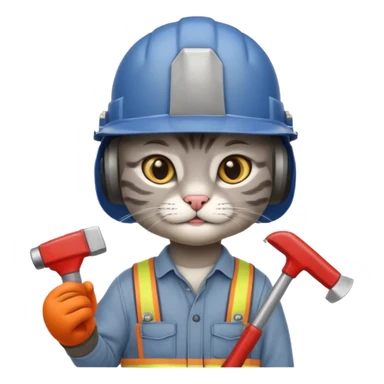 gray cat, handyman Outfit, wearing a Helmet sticker