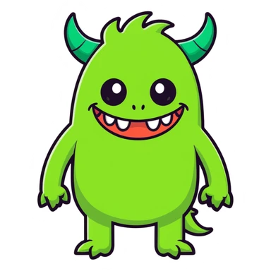 funny green monster, no teeth, small horns, smiling sticker