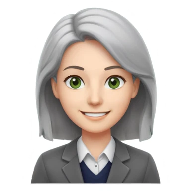 smiling English teacher with airtouch hair and grey-green eyes standing in front of a classroom with chalkboard sticker