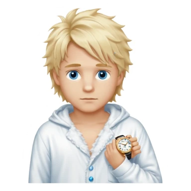 Create a look for a blond boy with long, tousled hair, light eyes, a white sweater, a wealthy appearance, blue eyes, and accessories like a Rolex or Cartier watch, and a cute face with messy hair down. blue eyes + + pajama white fluffy sticker