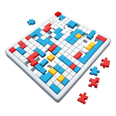 A photorealistic icon with a crossword magazine, a 3D puzzle and a partially completed puzzle on a table. Bright, detailed design with realistic lighting. Transparent background, clearly symbolizing puzzles and brain games. sticker