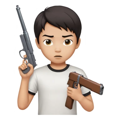 a young asian boy with middle part hair, white graphic tee, holding a gun with an expressionalic face sticker