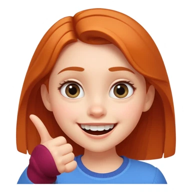 Transform this selfie of a smiling girl pointing at her teeth into a Pixar-style animated character, with large expressive eyes, soft lighting, and a cheerful atmosphere sticker
