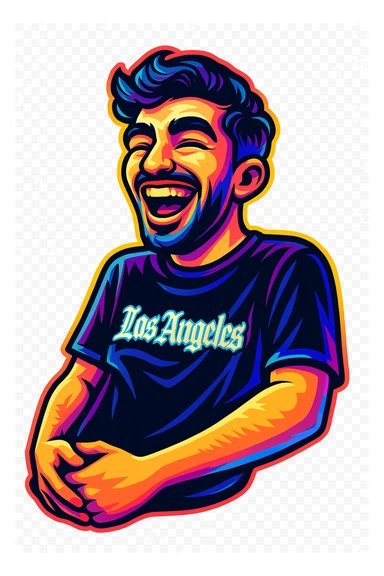 Convert the photo to a cartoon sticker in the style of Flux Pro with a laughing expression and transparent background. The style should reflect the vibrant and pop colors typical of Flux Pro cartoon stickers. sticker