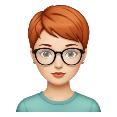 woman in her 20s with auburn pixie cut (side part) and glasses sticker